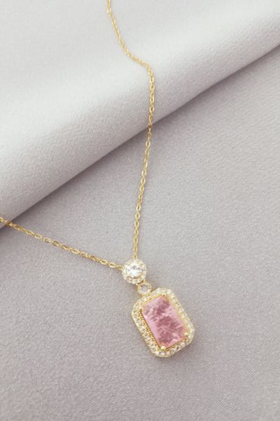 Çelik pembe taşlı kolye