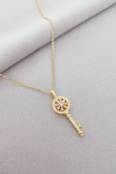 Çelik anahtar kolye gold taşlı