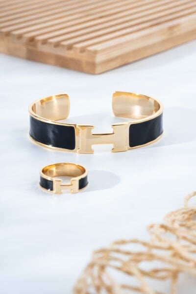 Siyah Mine H Harfli VİP Bileklik ve Yüzük Takım