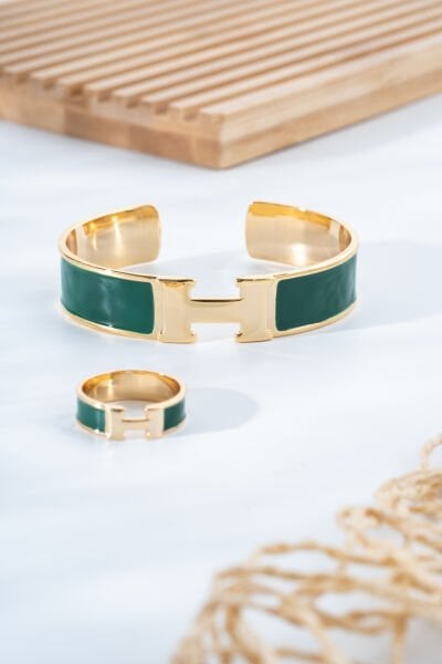 Yeşil Mine H Harfli VİP Bileklik ve Yüzük Takım