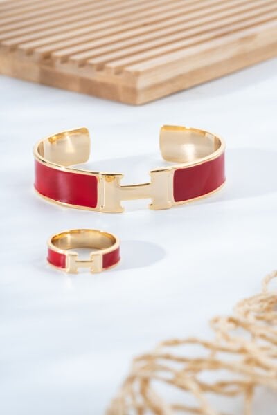 Kırmızı Mine H Harfli VİP Bileklik ve Yüzük Seti