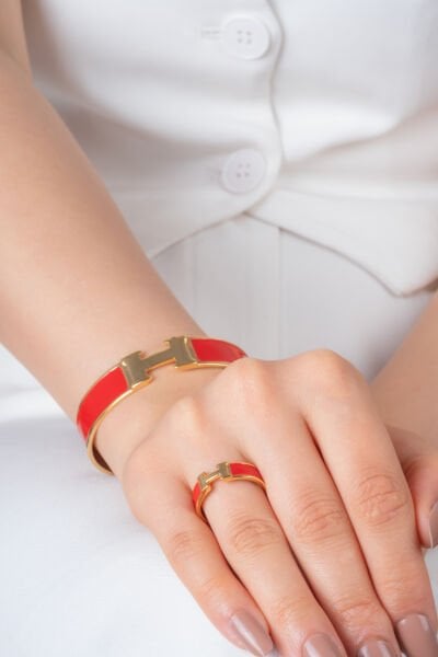 Kırmızı Mine H Harfli VİP Bileklik ve Yüzük Seti