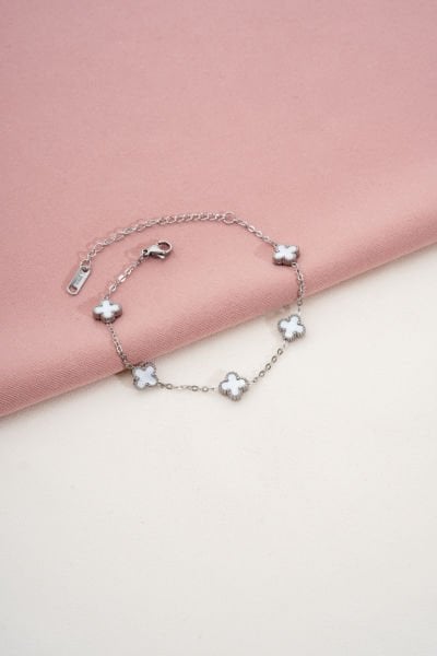 Paslanmaz Çelik Beyaz Van Cleef Yonca Detaylı Bileklik