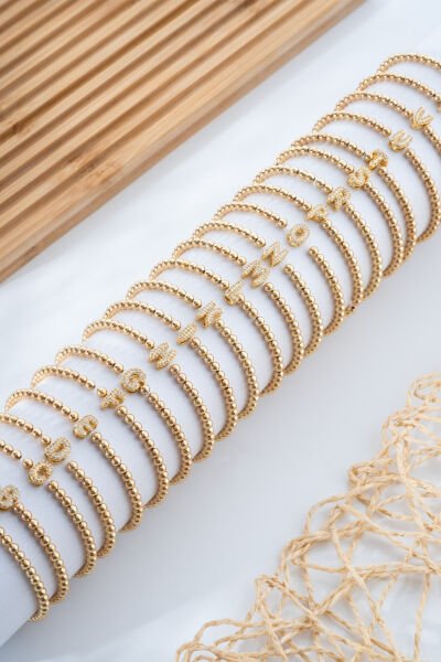 Harf Detaylı Gold Renk Boncuk Bileklik A dan Z ye Harfler