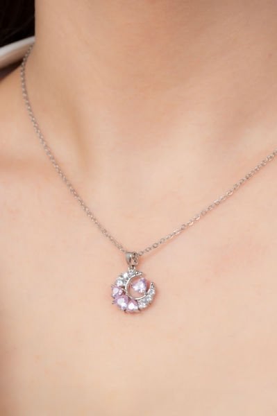 Pembe Taşlı Ay Motifli Paslanmaz Çelik Kolye