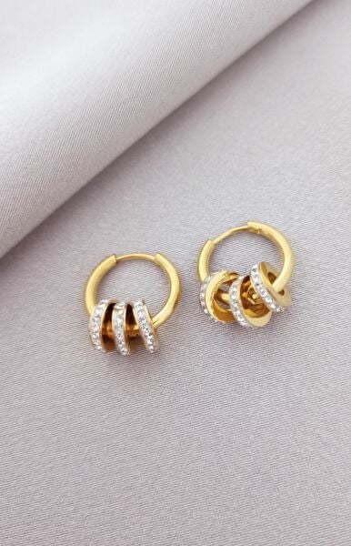 Çelik taşlı silindir gold küpe