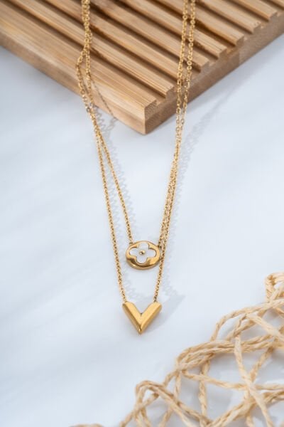 İkili Zincir Altın Renk Kalp & Çiçek Figürlü Kolye