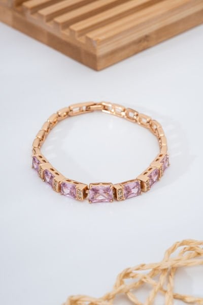 Pembe Taşlı Gold Zincir VIP Bileklik
