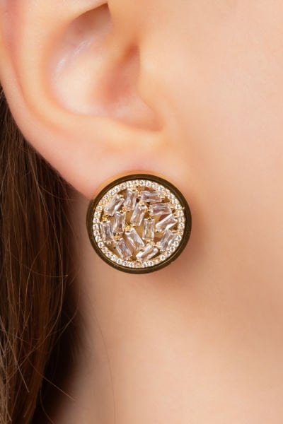 Yuvarlak Taş İşlemeli Çelik Küpe