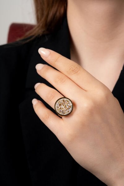 Yuvarlak Taş İşlemeli Ayarlanabilir Çelik Yüzük